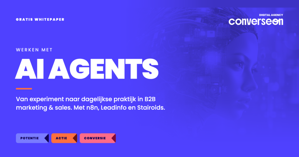 De afbeelding toont een stijlvol ontwerp met een blauwe achtergrond en witte tekst. Er staat "AI AGENTS" prominent weergegeven. Onderaan zijn drie knoppen met de labels "POTENTIE", "ACTIE" en "CONVERSIE". De tekst spreekt over B2B marketing en sales en noemt verschillende tools.